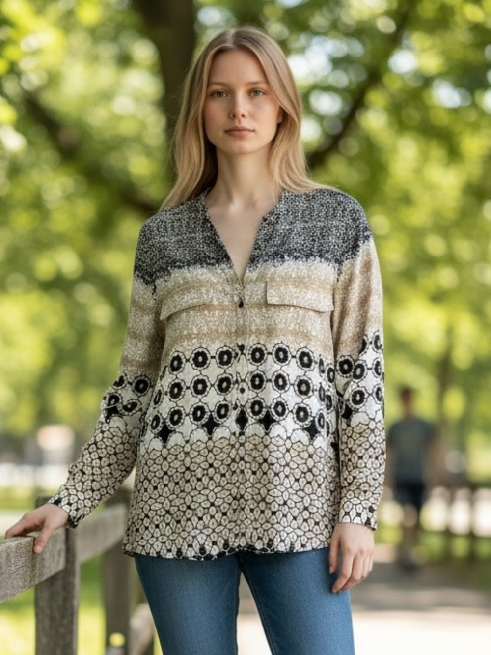 Calvin Klein Black, White & Tan Patterned Button-Up Top